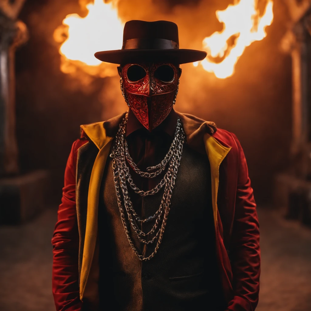 A men with anonymous mask, strong sense of camera, chains, background flames, red and yellow tones, realistic, full body shot, 8K, superb detail —ar 9:16 —q