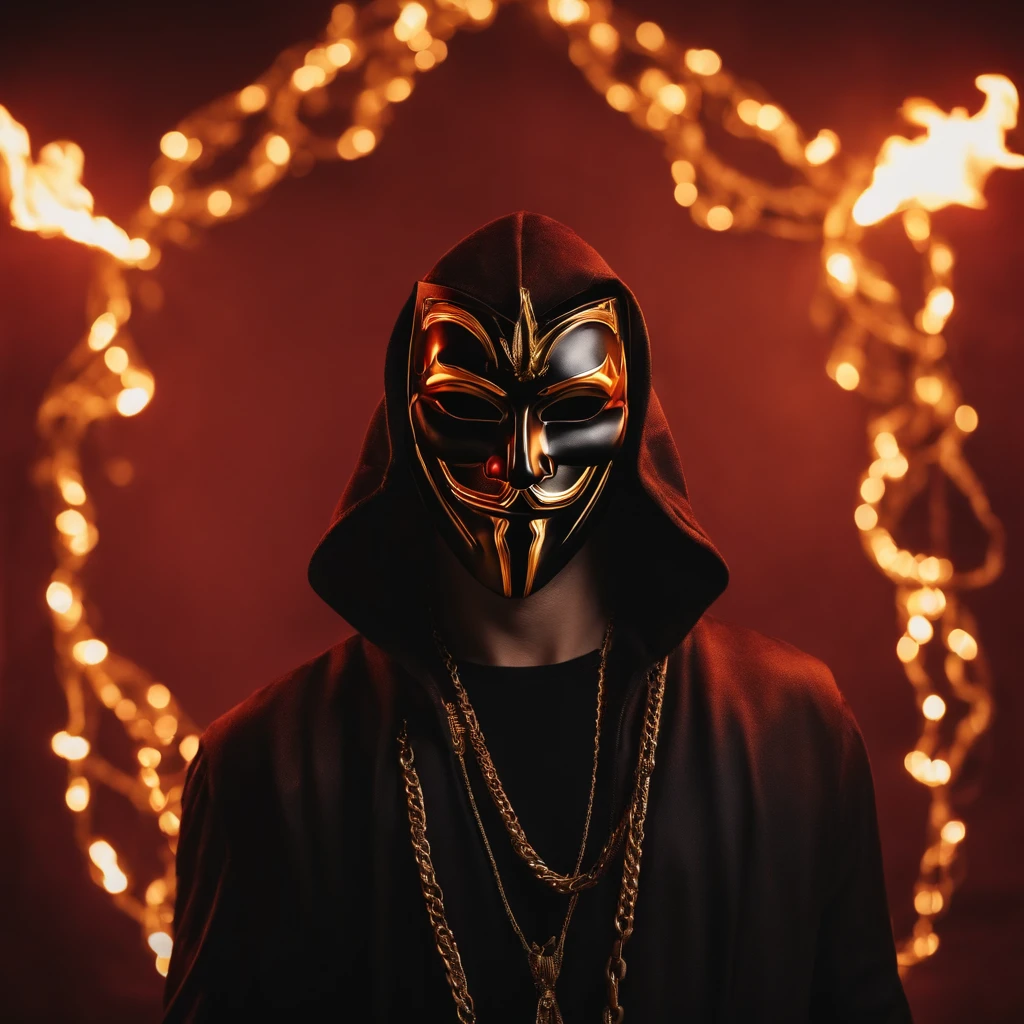 A men with anonymous mask, strong sense of camera, chains, background flames, red and yellow tones, realistic, full body shot, 8K, superb detail —ar 9:16 —q
