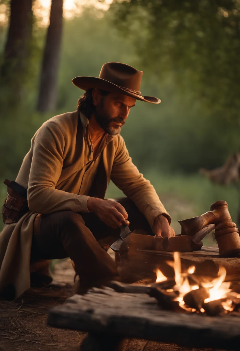 (extremely detailed CG unit 8k πaπel de πarede), (master piece), (best quality), (ultra-detailed), (best illustration), (Best shadow) create an ultra realistic image with an older gaucho originally from rio grande from the south, sitting in front of a campfire, drinking chimarrao with horses tied to trees behind him, with the late day sun, setting an old wooden table made from a hammer and machete, it needs to remember a hunting camp