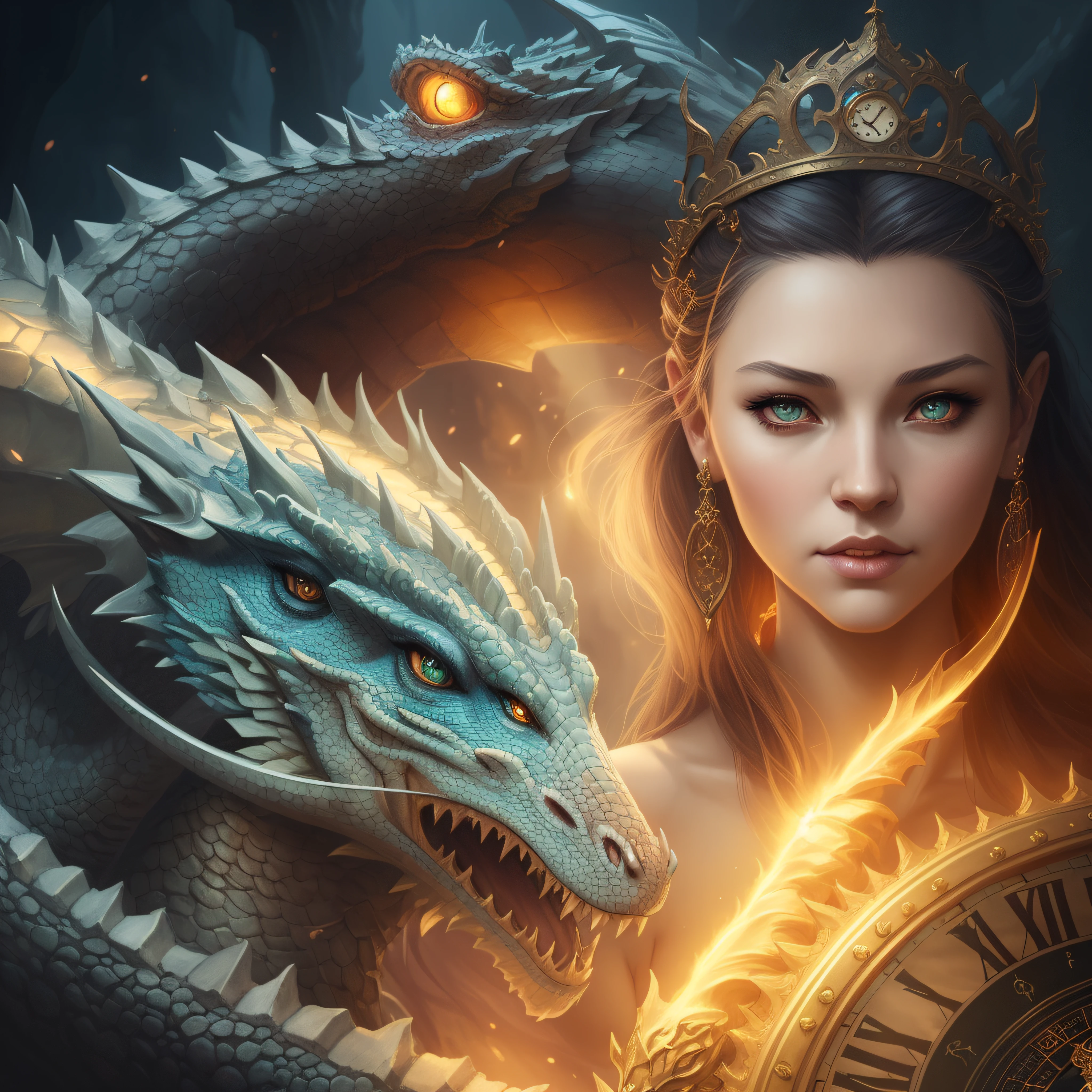 there is a woman with a dragon and a clock in her hand, the dragon girl portrait, fantasy art behance, epic fantasy digital art style, epic fantasy art portrait, fantasy art portrait, epic fantasy art style hd, epic fantasy art style, queen of dragons, realistic fantasy illustration, trending digital fantasy art, beautiful fantasy art portrait, detailed matte fantasy portrait