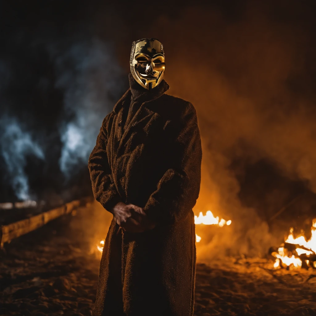 A men with anonymous mask, strong sense of camera, chains, background flames, red and yellow tones, realistic, full body shot, 8K, superb detail —ar 9:16 —q