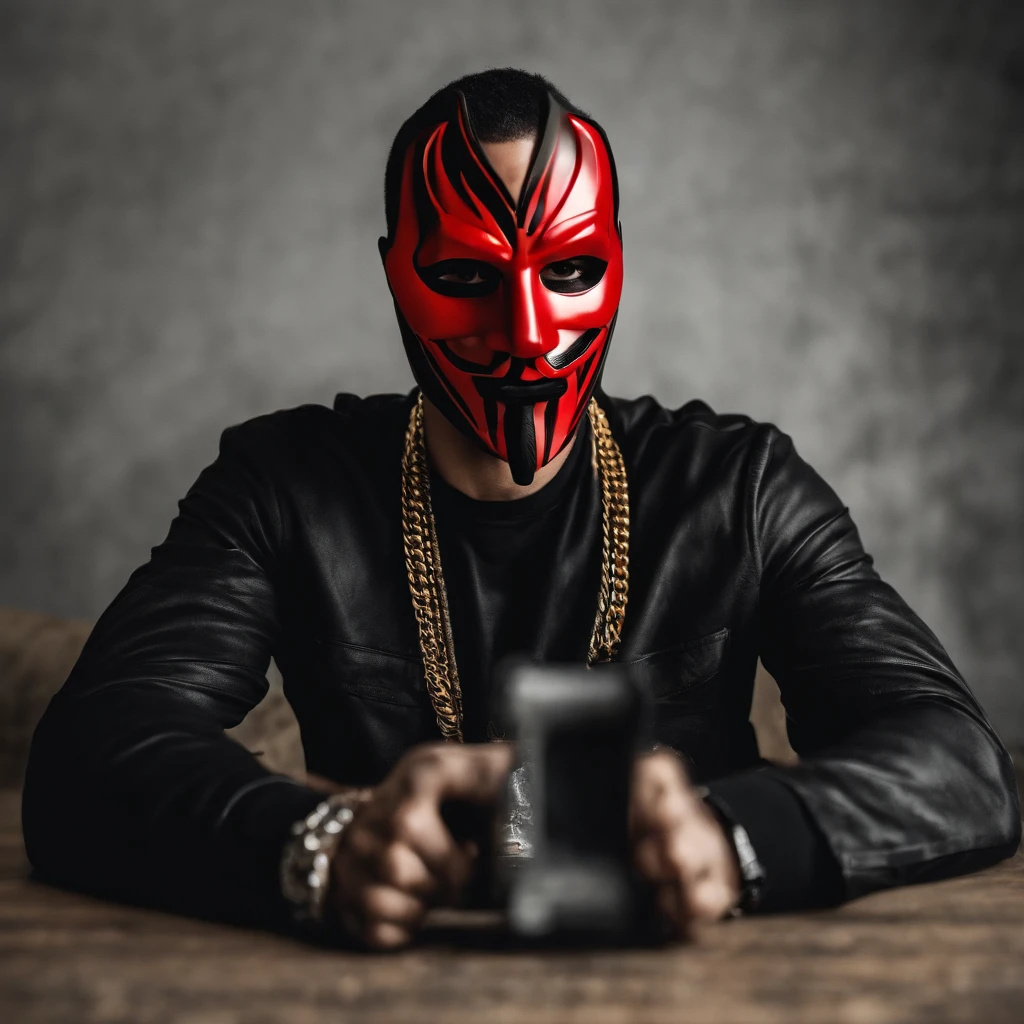 A men with anonymous mask, strong sense of camera, chains, background flames, red and yellow tones, realistic, full body shot, 8K, superb detail —ar 9:16 —q