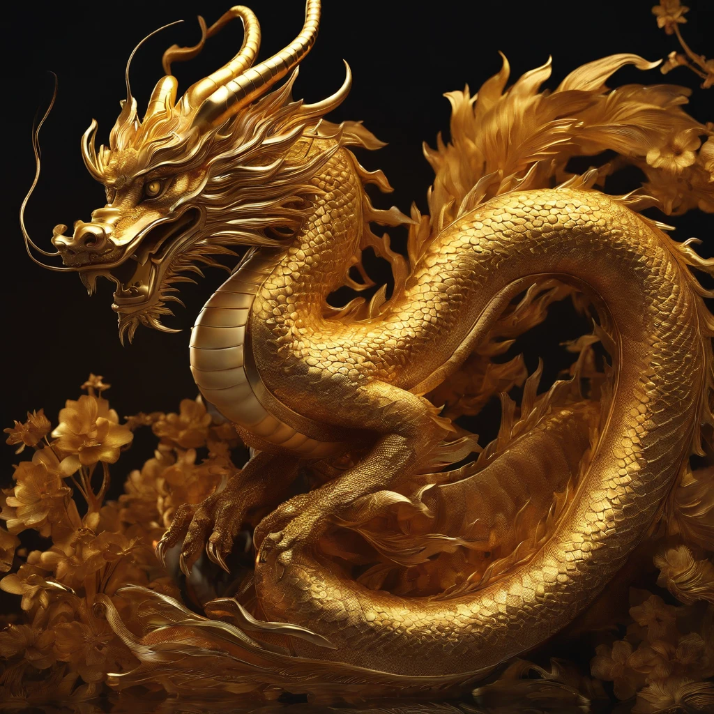 The most profound、Top quality、相片Realism、Surrealism、poster、Very beautiful fire golden Chinese dragon，Realism，3D Rendering，Detailed Details，Exquisite model，3D dynamic sense