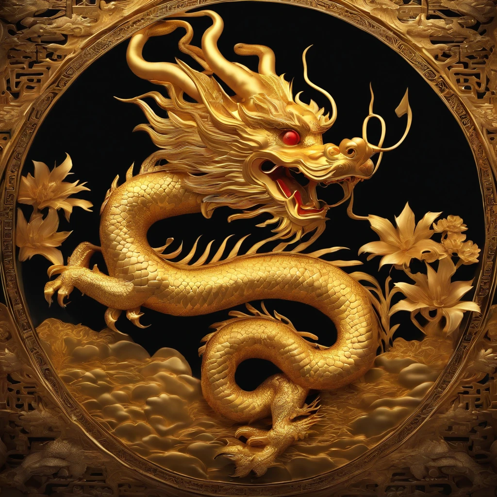A close up of a gold dragon on a black background - SeaArt AI