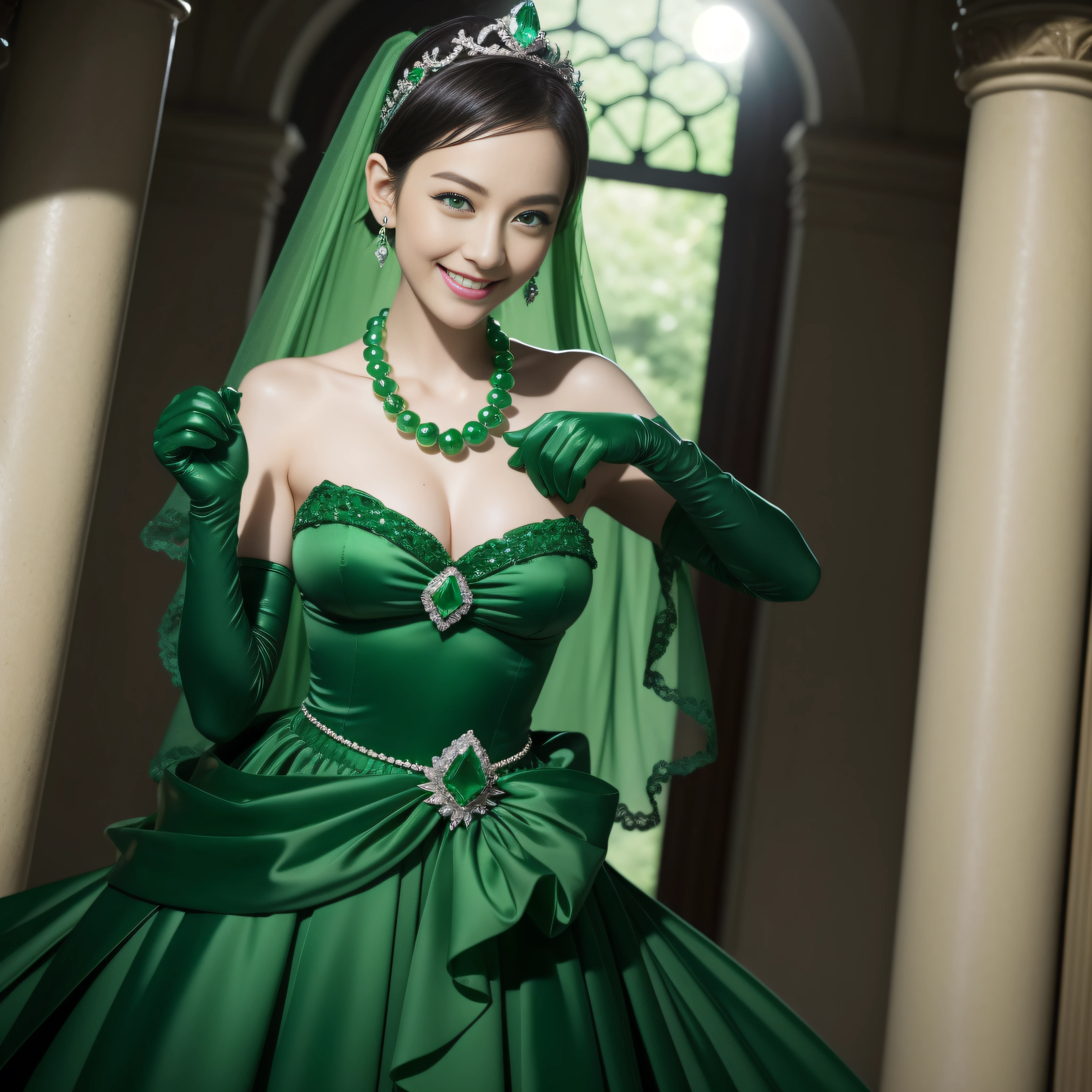 emerald tiara, Green Pearl Necklace, Boyish very short green hair, lipsticks, Japan woman smiling, very short short hair, big breasts beautiful, Green eyes, Long green gloves made of satin material, Green eyes