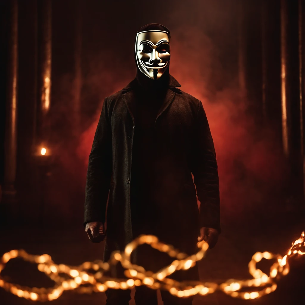 A men with anonymous mask, strong sense of camera, chains, background flames, red and yellow tones, realistic, full body shot, 8K, superb detail —ar 9:16 —q