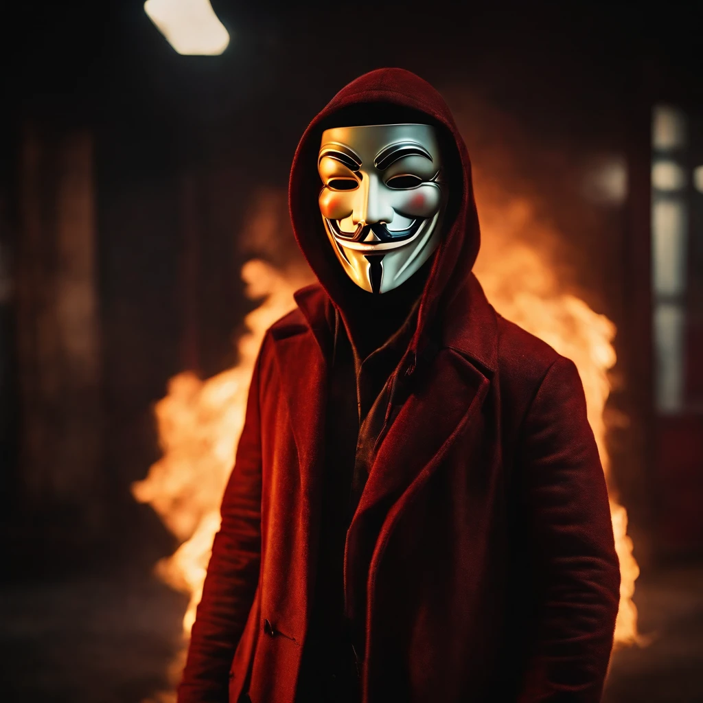 A men with anonymous mask, strong sense of camera, chains, background flames, red and yellow tones, realistic, full body shot, 8K, superb detail —ar 9:16 —q