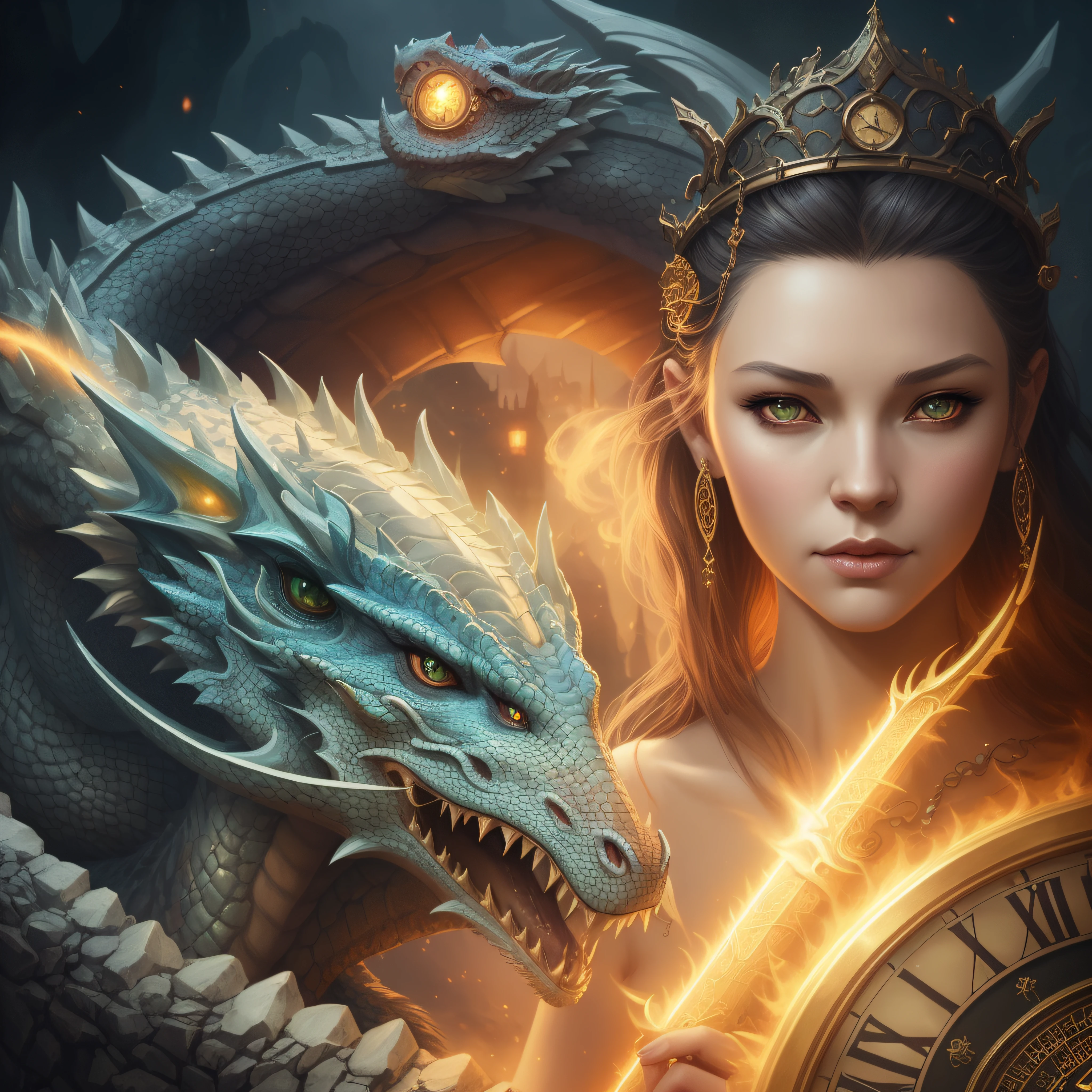 there is a woman with a dragon and a clock in her hand, the dragon girl portrait, fantasy art behance, epic fantasy digital art style, epic fantasy art portrait, fantasy art portrait, epic fantasy art style hd, epic fantasy art style, queen of dragons, realistic fantasy illustration, trending digital fantasy art, beautiful fantasy art portrait, detailed matte fantasy portrait