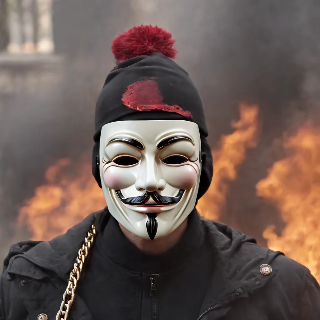 A men with anonymous mask, strong sense of camera, chains, background flames, red and yellow tones, realistic, full body shot, 8K, superb detail —ar 9:16 —q