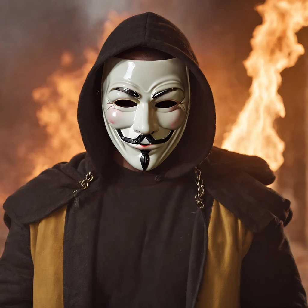 A men with anonymous mask, strong sense of camera, chains, background flames, red and yellow tones, realistic, full body shot, 8K, superb detail —ar 9:16 —q