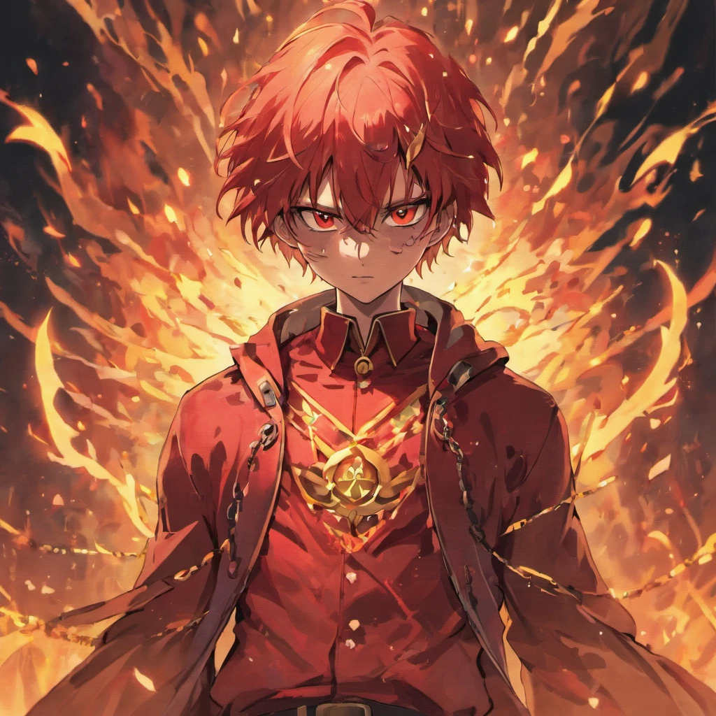A men with anonymous mask, strong sense of camera, chains, background flames, red and yellow tones, realistic, full body shot, 8K, superb detail —ar 9:16 —q