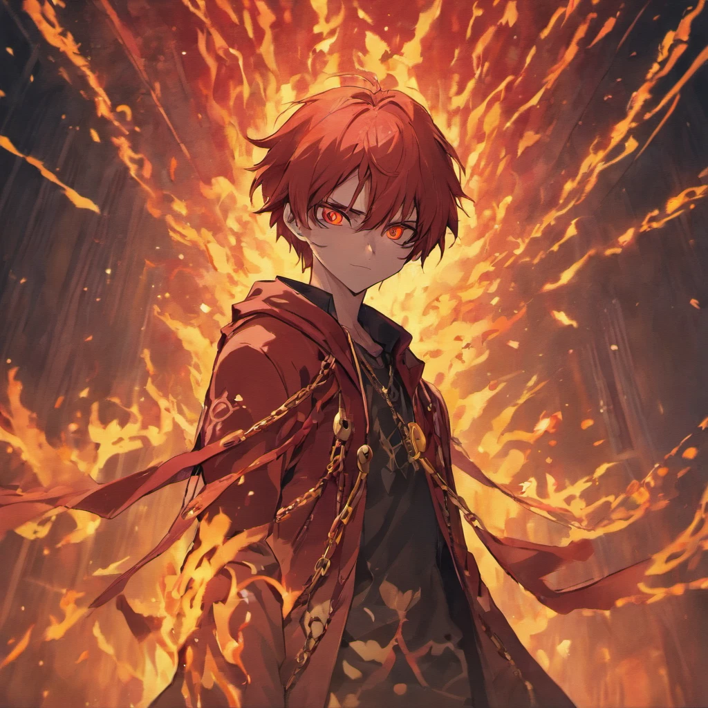 A men with anonymous mask, strong sense of camera, chains, background flames, red and yellow tones, realistic, full body shot, 8K, superb detail —ar 9:16 —q