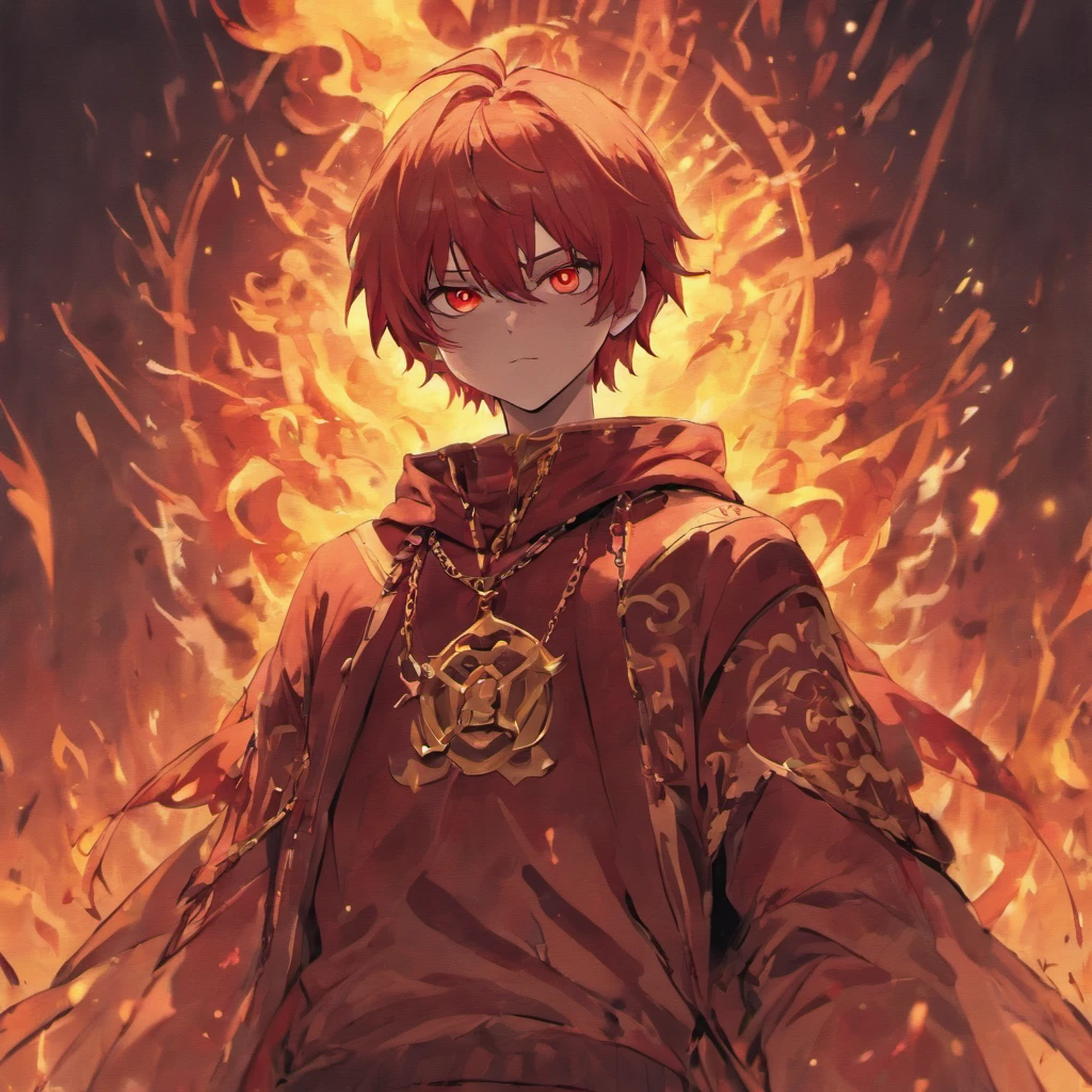 A men with anonymous mask, strong sense of camera, chains, background flames, red and yellow tones, realistic, full body shot, 8K, superb detail —ar 9:16 —q