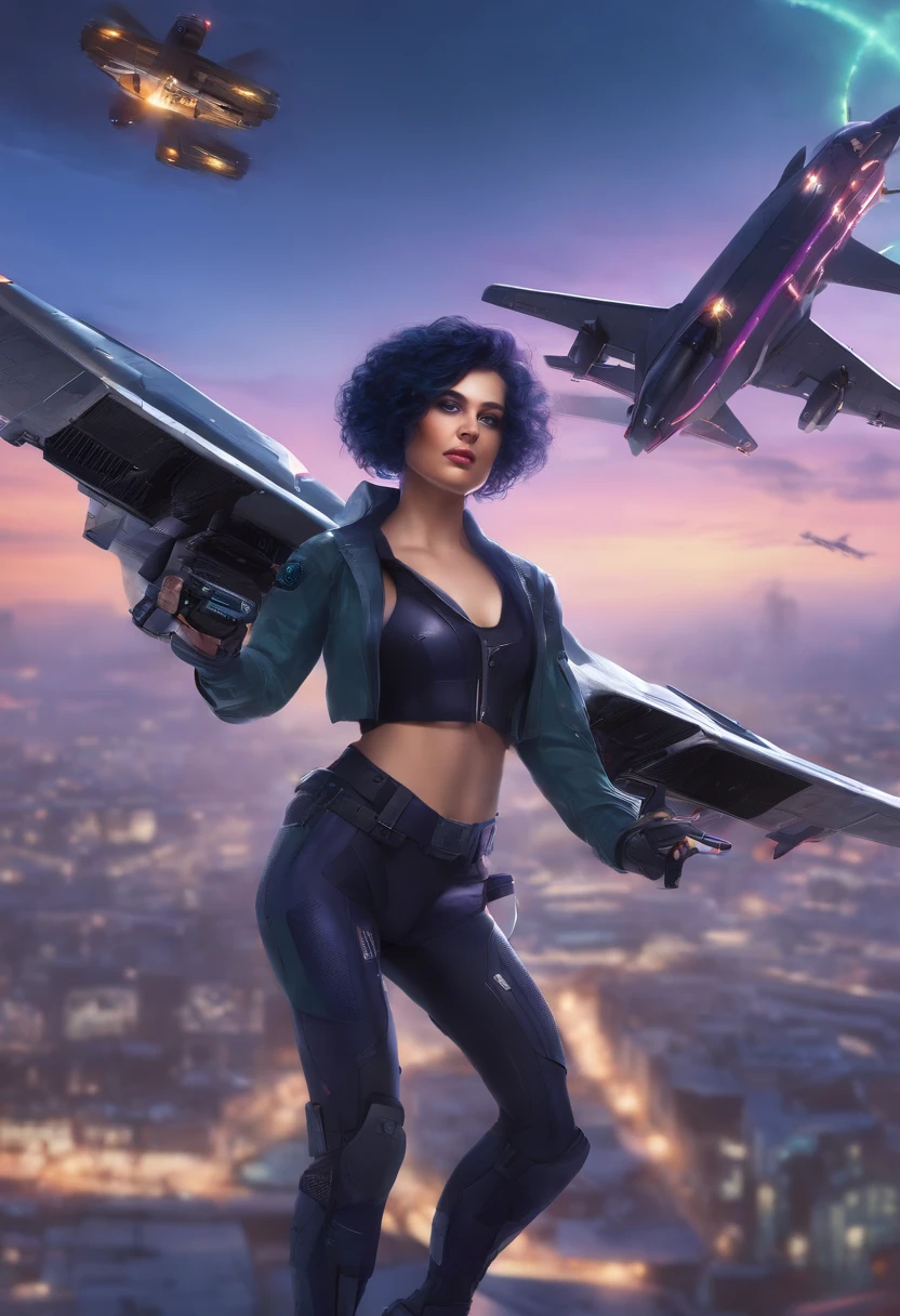 1girl, short dark blue hair with purple highlights, green eyes, wearing a cyberpunk themed pixelated full body Netrunner suit, holding a large RC controller, falling from the sky with arms stretched wide and smiling above her are three RC planes, a A-10 Thunderbolt 2, an Airbus a380 and a F-117 Nighthawk, absurdres, high res, ultrasharp, 8K, masterpiece, looking at viewer