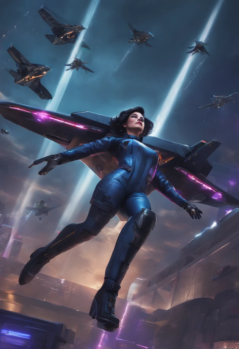 1girl, short dark blue hair with purple highlights, green eyes, wearing a cyberpunk themed pixelated full body Netrunner suit, holding a large RC controller, falling from the sky with arms stretched wide and smiling above her are three RC planes, a A-10 Thunderbolt 2, an Airbus a380 and a F-117 Nighthawk, absurdres, high res, ultrasharp, 8K, masterpiece, looking at viewer