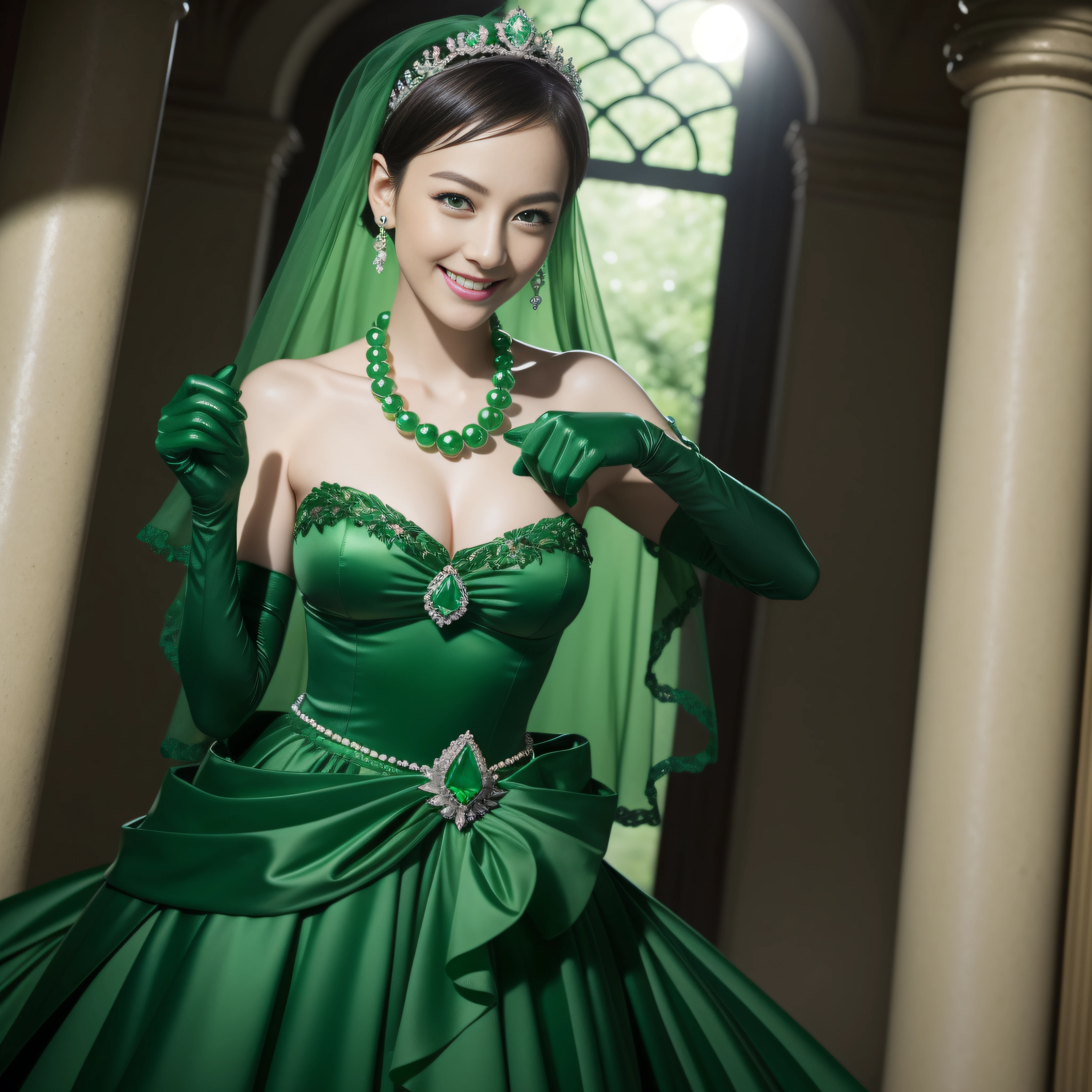 emerald tiara, Green Pearl Necklace, Boyish very short green hair, lipsticks, Japan woman smiling, very short short hair, big breasts beautiful, Green eyes, Long green gloves made of satin material, Green eyes