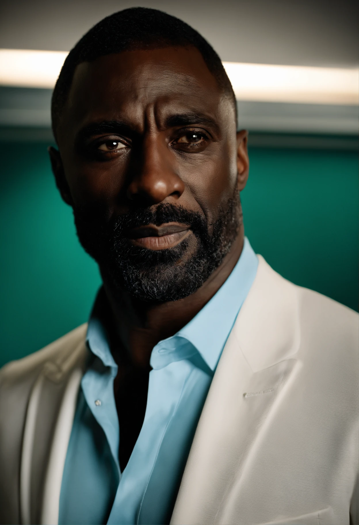 Foto premiada de idris Elba posando en un estudio oscuro, (Rim Lighting,:1.4) two tone lighting, foco nítido, Tono verde azulado, octano, irreal, Poca luz, discreto, to8estilo de contraste
