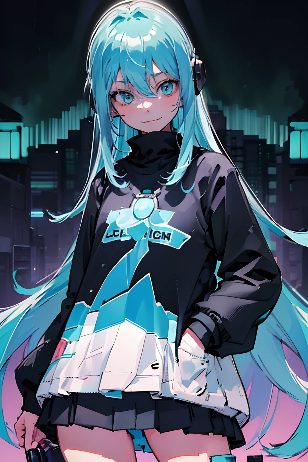 1girl,woman, teenager, , tall, light blue hair, long hair, glowing hair, cute headphone, white headphone, green eyes, ((black sweater)), black clothes, ((tokyo background)), calm expression, smiling, happy, cowboy shot, down view