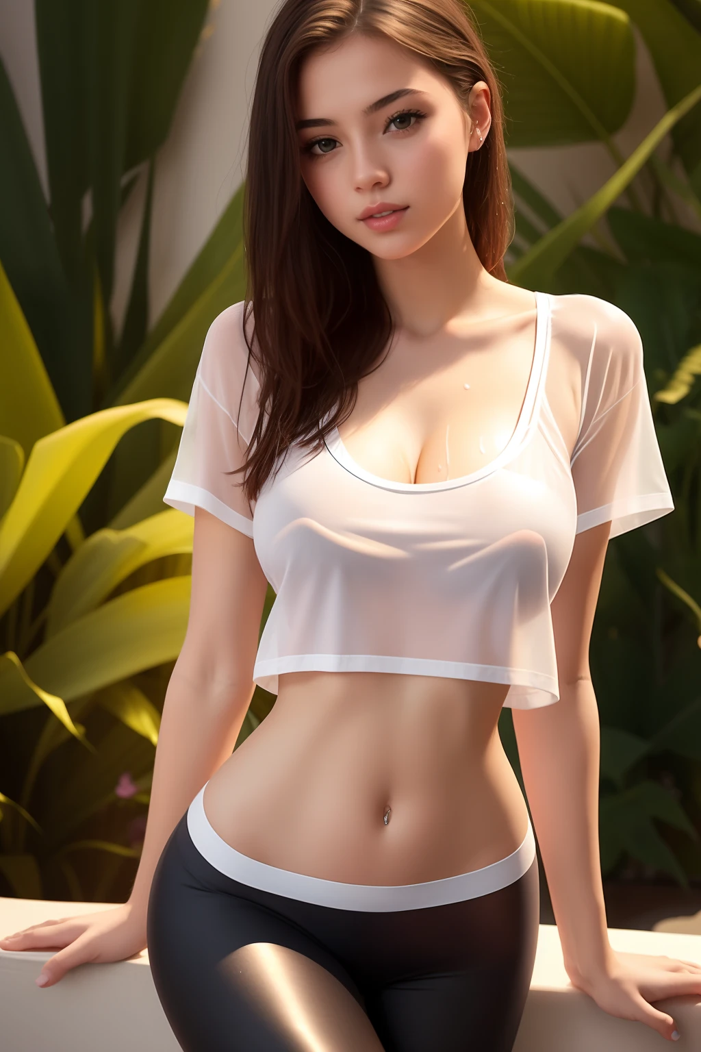 1girl 25 years old, erotic poses, no-bra, push-up breast with scratched t-shirt, transparent wet white t-shirt, hot, sensual moments, no-bottom panties, perfect legs, very sexy tight leggings