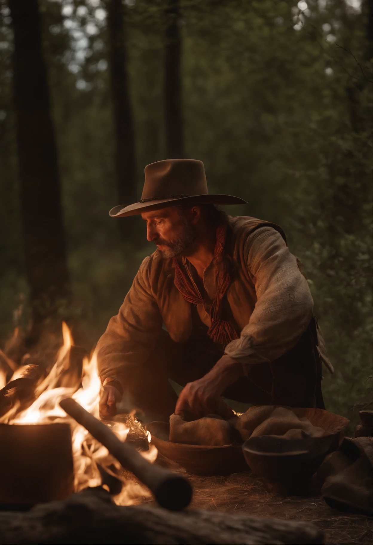 (extremely detailed CG unit 8k πaπel de πarede), (master piece), (best quality), (ultra-detailed), (best illustration), (Best shadow) create an ultra realistic image with an older gaucho originally from rio grande from the south, sitting in front of a campfire, drinking chimarrao with horses tied to trees behind him, with the late day sun, setting an old wooden table made from a hammer and machete, it needs to remember a hunting camp