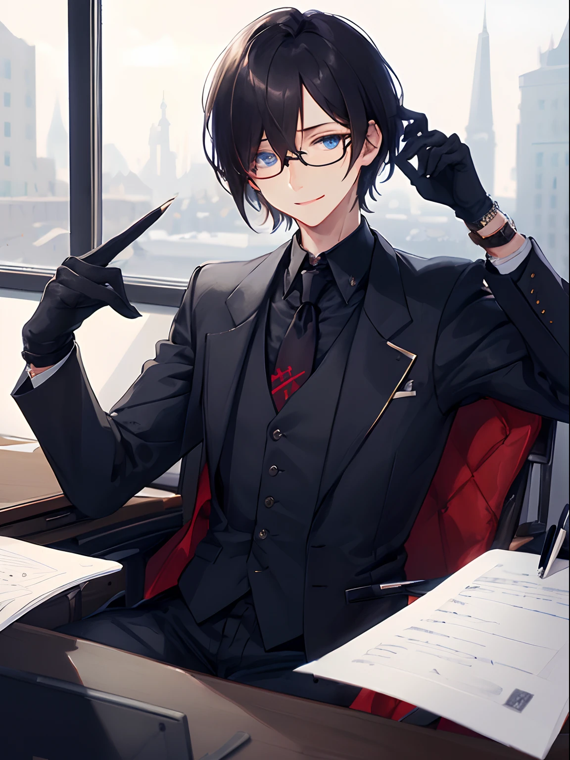 , (masterpiece:1.2), best quality,midjourney,
gloves, necktie, multiple boys, male focus, black gloves, jacket, black hair, shirt, black jacket, short hair, formal, sitting, pen, chair, solo focus, looking at viewer, long sleeves, red necktie, indoors, suit, closed mouth, bangs, paper, glasses, smile, window, collared shirt, holding, jewelry, hair over one eye, vest, watch, blue eyes, black shirt, desk