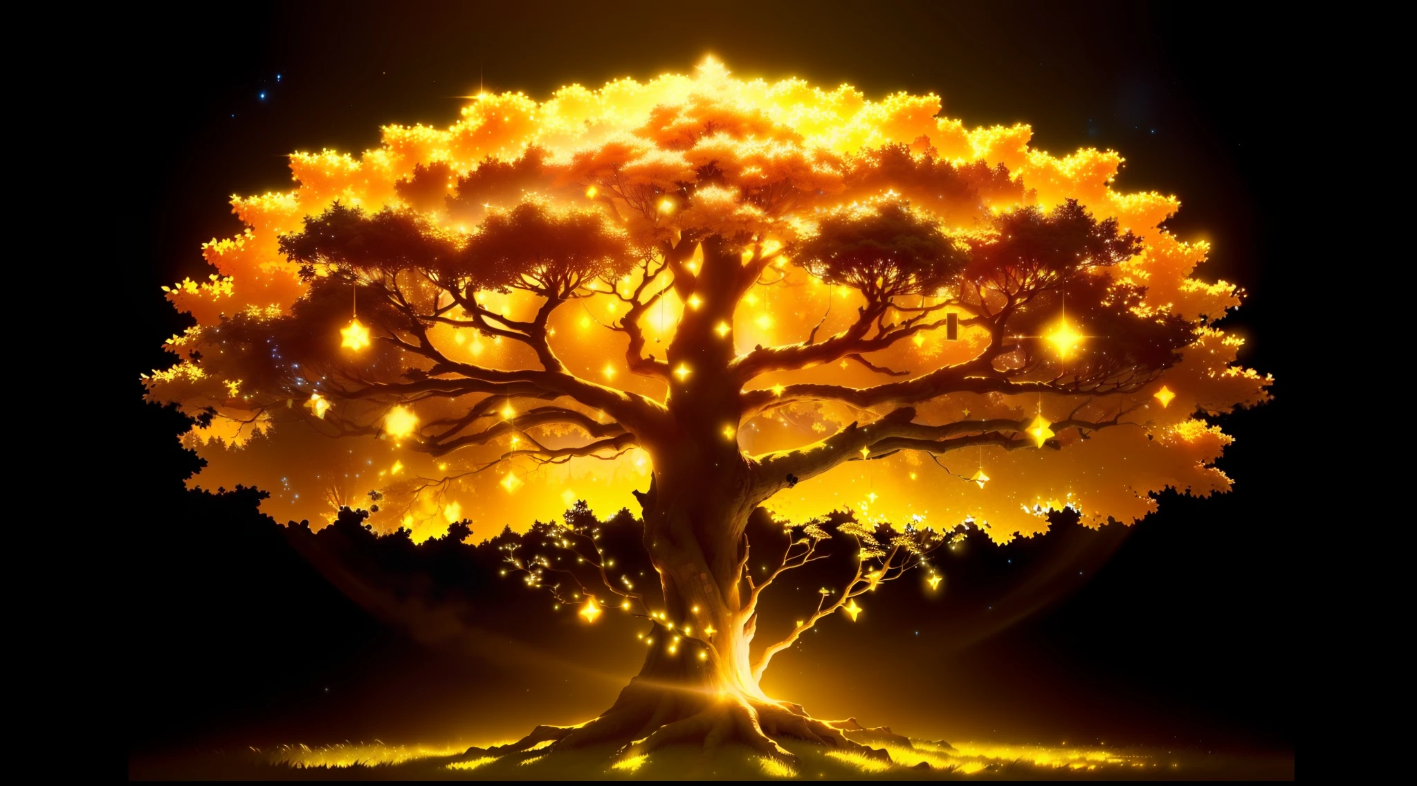 (a wonderful magical tree,glowing with blue light,afternoon, golden coins, shimmering golden particles in the air, 16k, ultra-high resolution)