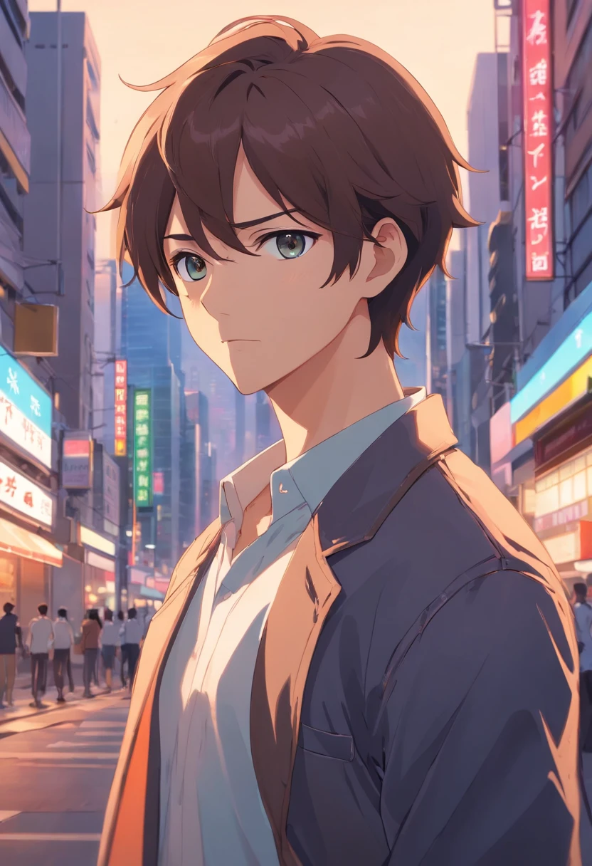 the presence of a beard on the face,Composition of the upper body,Makoto Shinkai's painting style,japanes,Ridicule,35-year-old dandy man,A tall man,a beard, Delicate facial features like an actor,dark hair in the middle part,, Wearing a white T-shirt and a black gentlemanly jacket, Intense muscles, eyes are brown, Hong Kong Background