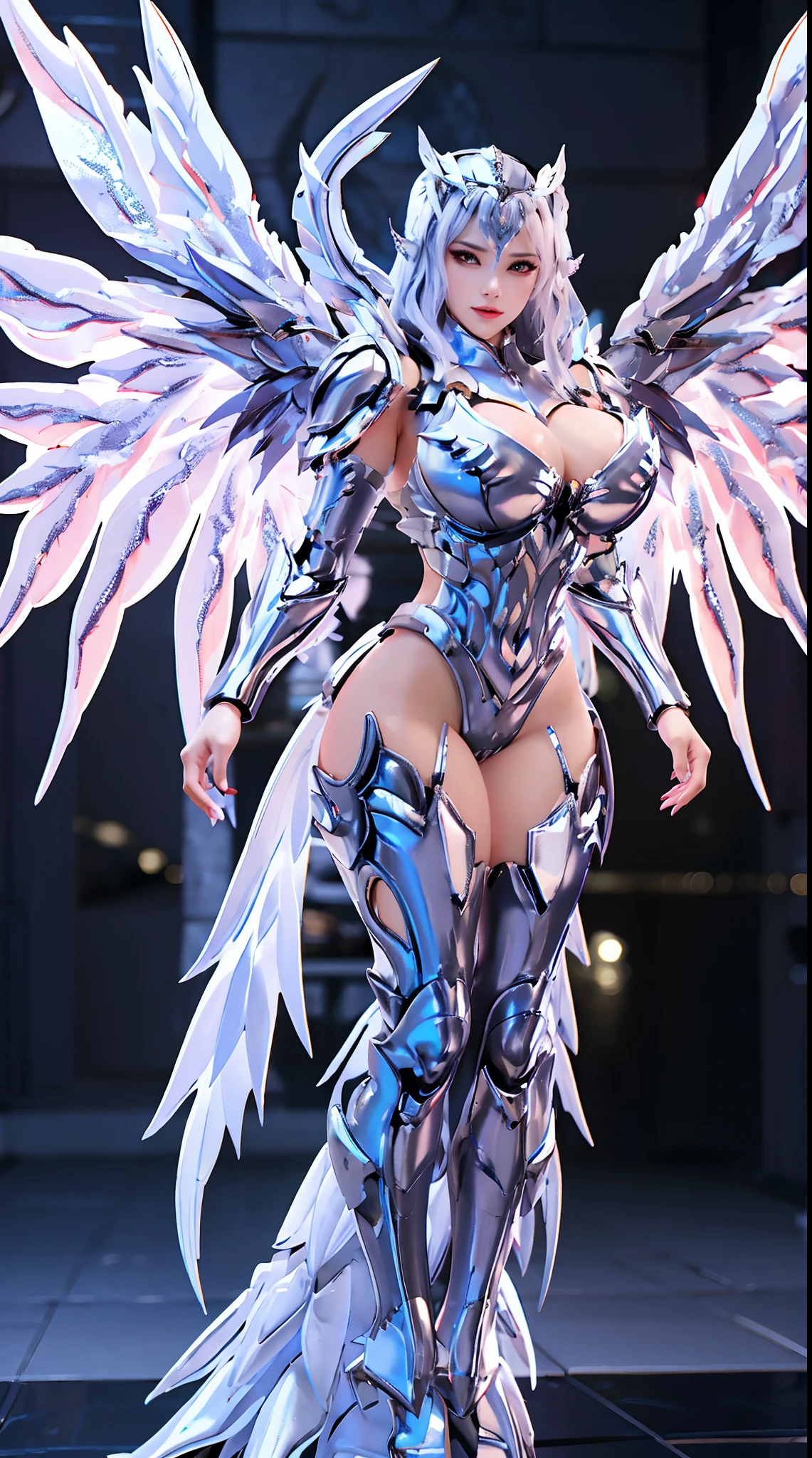 SILVER DRAGON QUEEN, HUGE BOOBS, BATTLE ARMOR, CLEAVAGE, (A PAIR OF BIG WINGS:1.5), TRANSPARANT, STANDING, SEXY BODY, MUSCLE ABS.