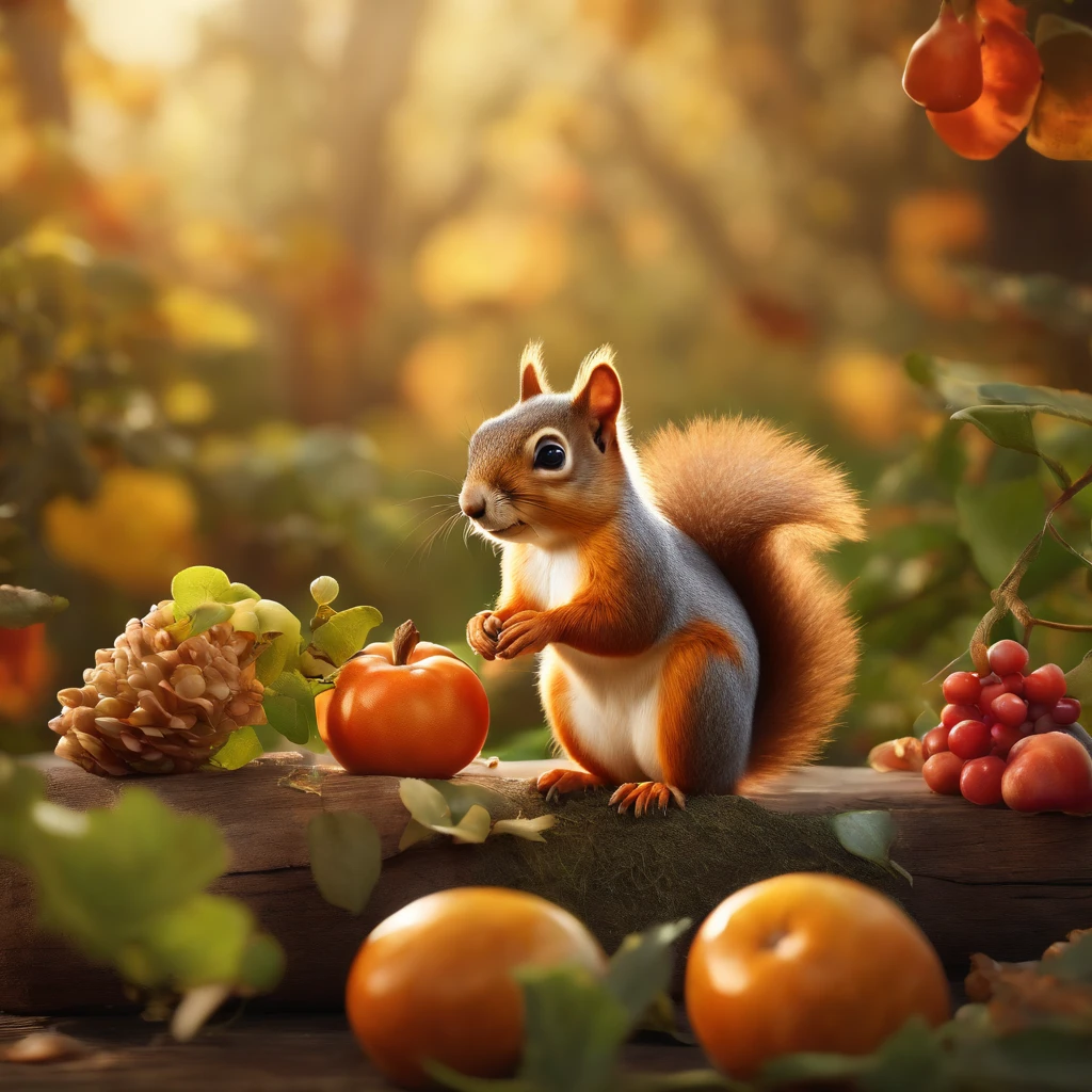 an animated squrrel is sitting on top of his food, charming character illustrations, photorealistic still lifes, highly detailed foliage, zbrush, color gradients, stock photo, in the style of mike campau —ar 9:16 —q 5