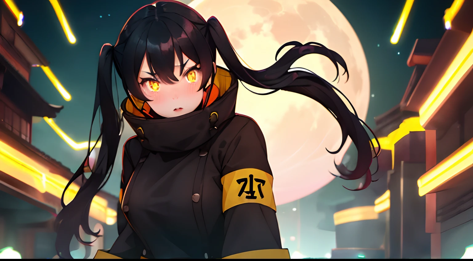 Tamaki \(fire force\), 1girl, bangs, black hair, colored tips, yellow eyes, dress, no sleeves, looking at viewer, long hair, moon, black hair, parted bangs, parted lips, black hair, portrait, red eyeliner, red lips, solo, kissing viewer,boops,medium boops,Tokyo neon,Tokyo night,((full body))