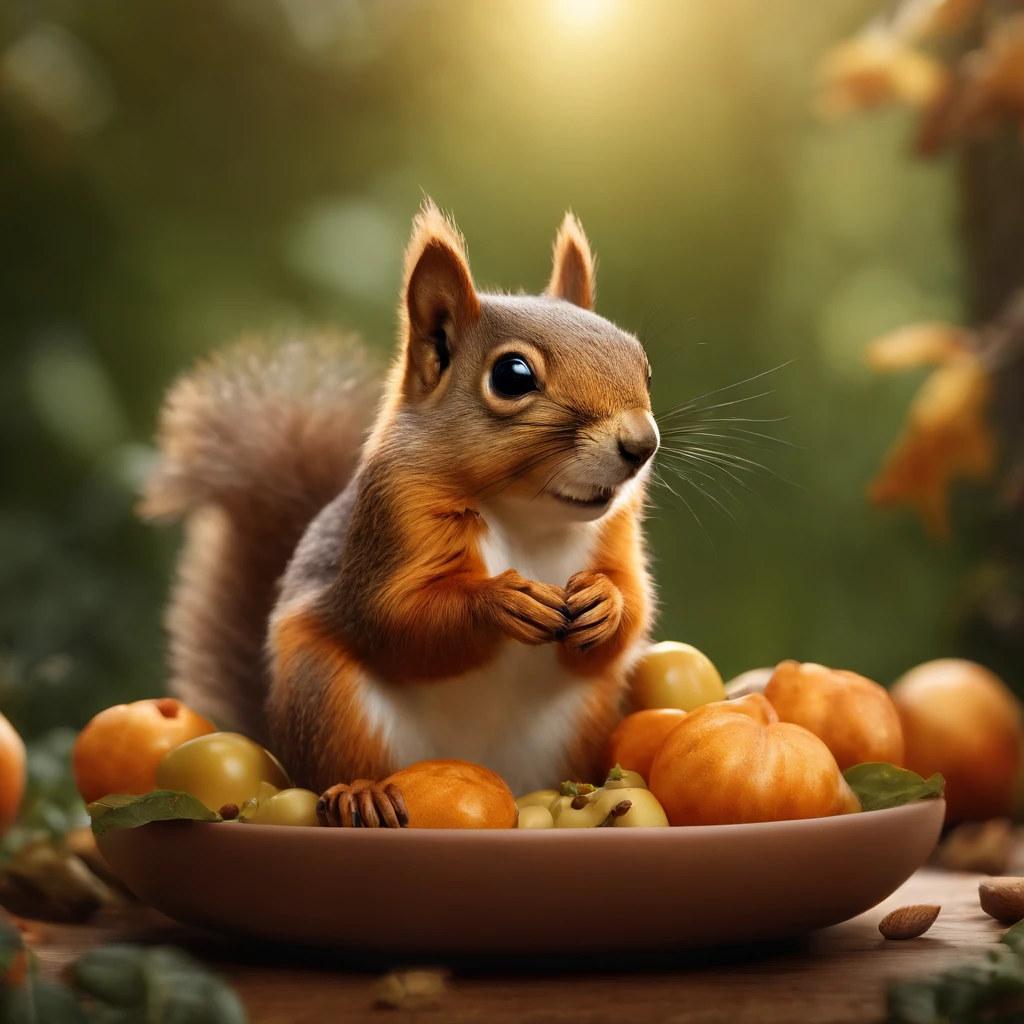 an animated squrrel is sitting on top of his food, charming character illustrations, photorealistic still lifes, highly detailed foliage, zbrush, color gradients, stock photo, in the style of mike campau —ar 9:16 —q 5