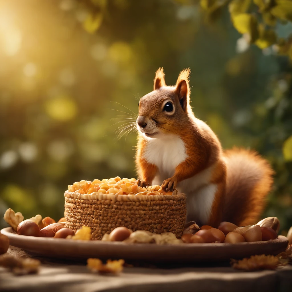 an animated squrrel is sitting on top of his food, charming character illustrations, photorealistic still lifes, highly detailed foliage, zbrush, color gradients, stock photo, in the style of mike campau —ar 9:16 —q 5