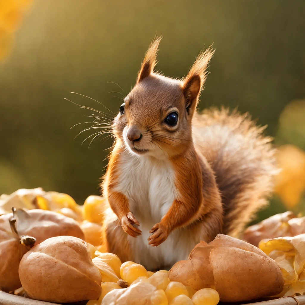 an animated squrrel is sitting on top of his food, charming character illustrations, photorealistic still lifes, highly detailed foliage, zbrush, color gradients, stock photo, in the style of mike campau —ar 9:16 —q 5