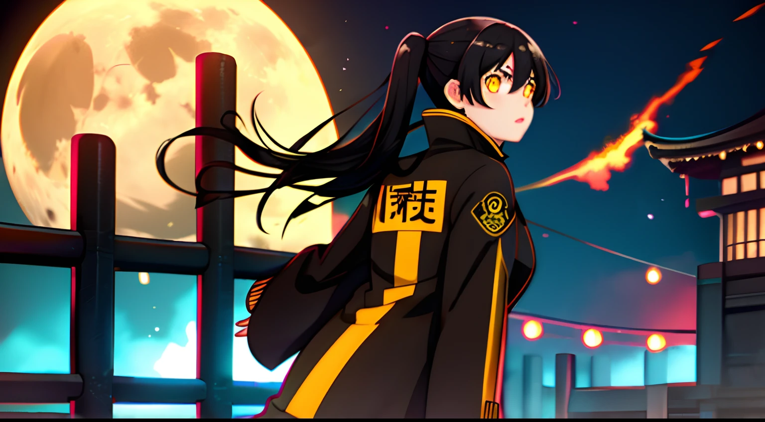 Tamaki \(fire force\), 1girl, bangs, black hair, colored tips, from behind, yellow eyes, dress, no sleeves, looking at viewer, long hair, moon, black hair, parted bangs, parted lips, black hair, portrait, red eyeliner, red lips, solo, kissing viewer,boops,medium boops,Tokyo neon,Tokyo night,((full body))