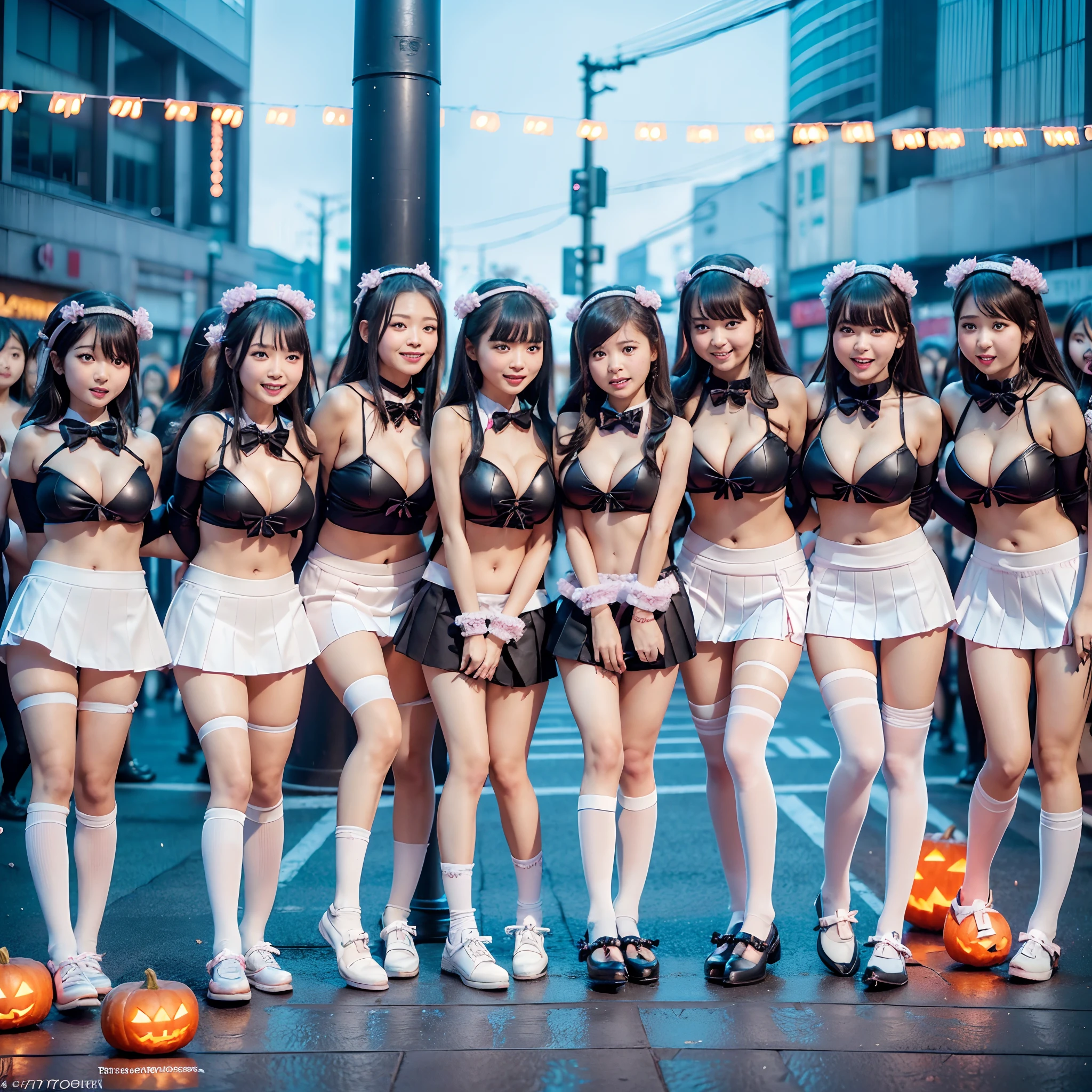 (((SFW, 11 Tiny Girls in a row:1.2, Shibuya Hachiko-mae scramble crossing on Halloween:1.2))), (masterpiece:1.2, best quality, photorealistic:1.37), {(Standing Full Body:1.2)|(from below:1.2)}, short silver hair, {School Uniform|naked bandage|tutu}, (Detailed KAWAII face, Detailed Oily Porcelain skin), {Bustling street|(Passerby schoolgirls)| halloween| neon}, {(Childish:1.2|Gigantic Cleavage:1.37|Underboob:1.2)}, {flower wreath|Red leather high collar}, {Floating hair|Strong wind|Ass focus},{:p|:d|laugh|sparkle|joyful|delighted},