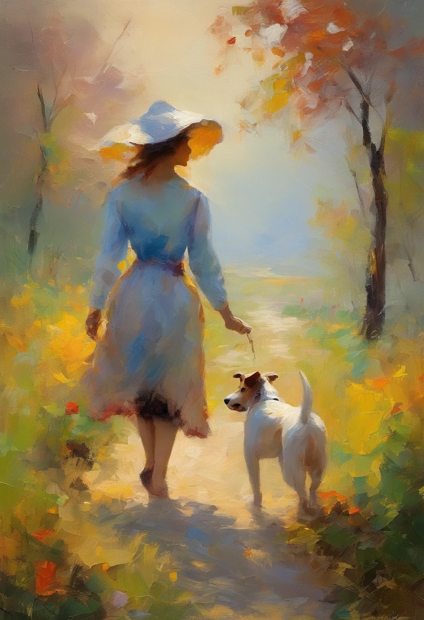 masterpiece、top-quality、morning、stroll。pup、1woman in、Cloud Girl、walking with her dog, floating in sky、a closeup、with light glowing、Happiness、Fresh morning sunshine、(Spark:0.7) 、stroll、landscapes