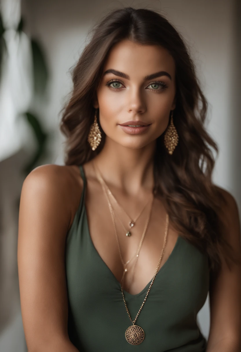 Arafed woman with a white tank top and necklace, fille sexy aux yeux verts, Portrait Sophie Mudd, cheveux bruns et grands yeux, selfie of a young woman, Yeux de chambre, Violet Myers, sans maquillage, maquillage naturel, looking straight at camera, Visage avec Artgram, Maquillage subtil, Superbe photo du corps entier, piercing green eyes, hispanique