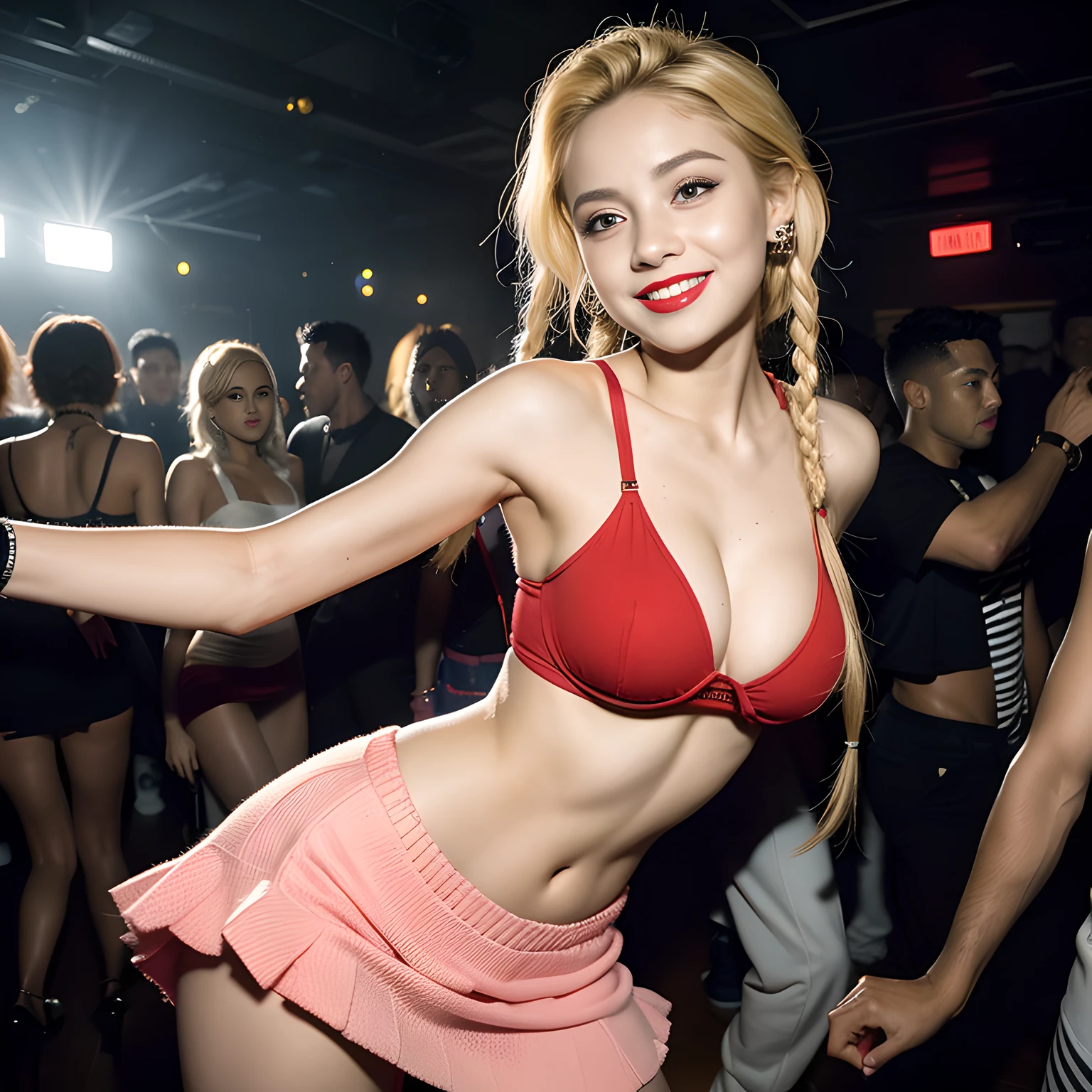 masterpiece, best quality, (photorealistic:1.4), contrapposto, a photo of a beautiful woman, ((in the club, clubbing, dancing, party)), skinny, blonde hair, box braids, detailed face, medium breasts, red lips, big eyes, narrow waist, smiling, skirt, bra, (underboob, rave clothes,