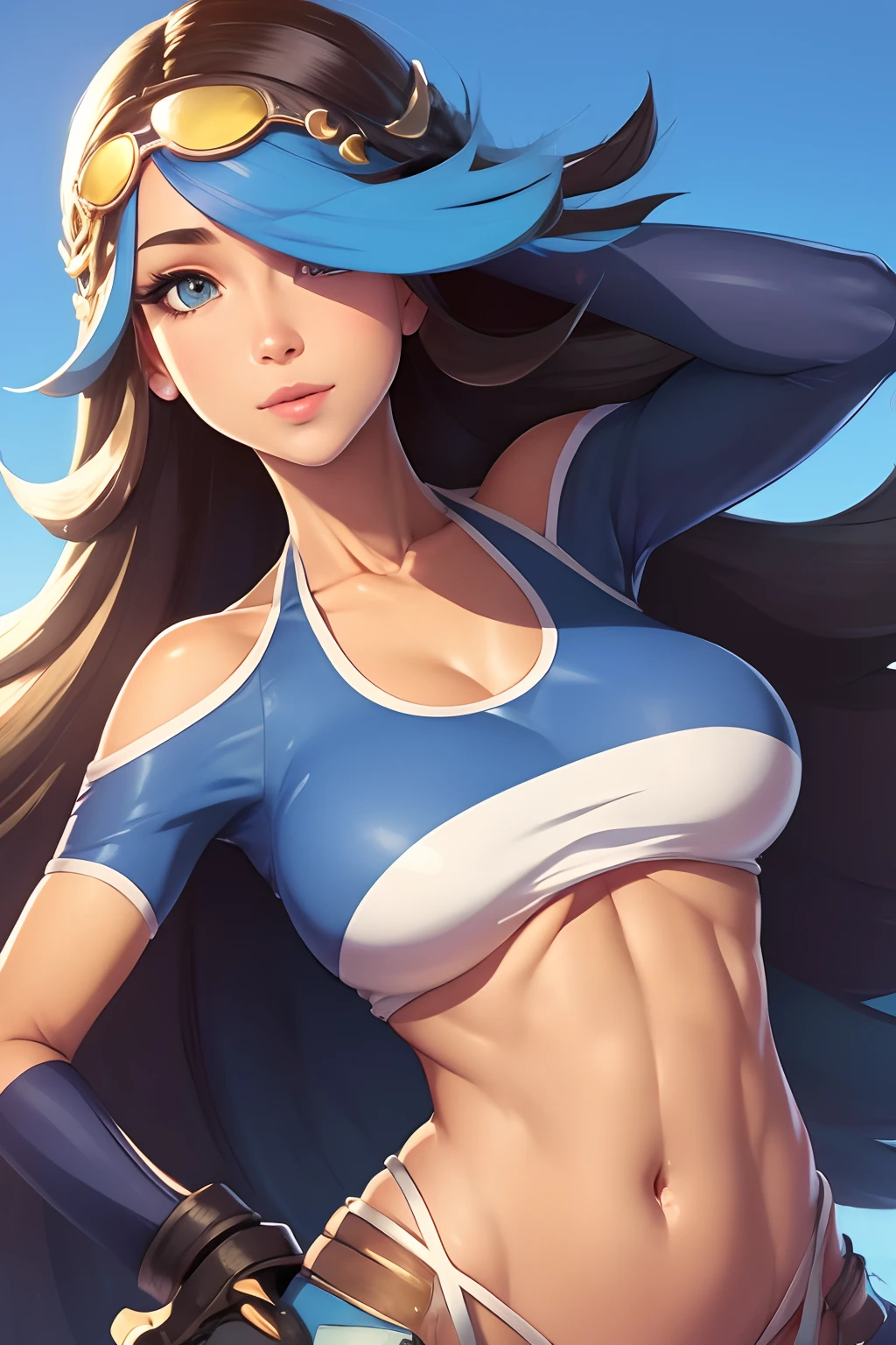 ((Solo)), perfect face, young woman, realistic photo, beautiful face, perfect face, masterpiece, perfect eyes, shelly pokemon, simple background, midriff, collarbone, breast cutout, underboob, hair covering one eye, sunglasses ontop of head