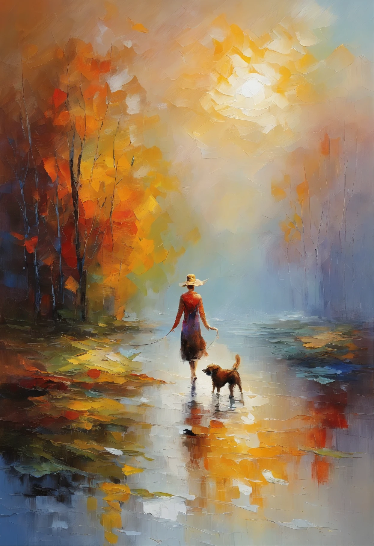 ​masterpiece、top-quality、morning、stroll。pup、1woman in、Cloud Girl、walking with her dog, floating in sky、a closeup、with light glowing、Happiness、Fresh morning sunshine、(Spark:0.7) 、stroll、landscapes
