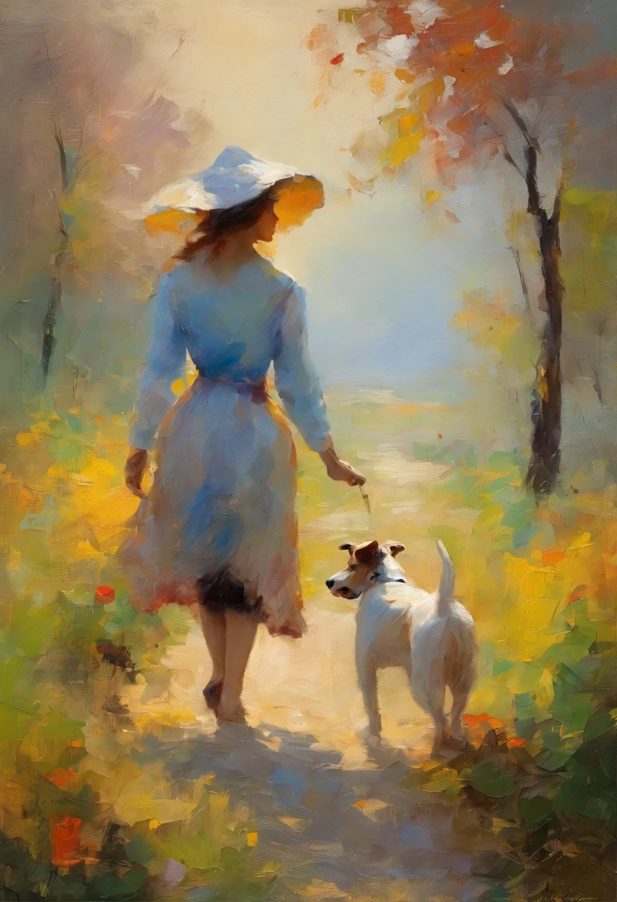masterpiece、top-quality、morning、stroll。pup、1woman in、Cloud Girl、walking with her dog, floating in sky、a closeup、with light glowing、Happiness、Fresh morning sunshine、(Spark:0.7) 、stroll、landscapes