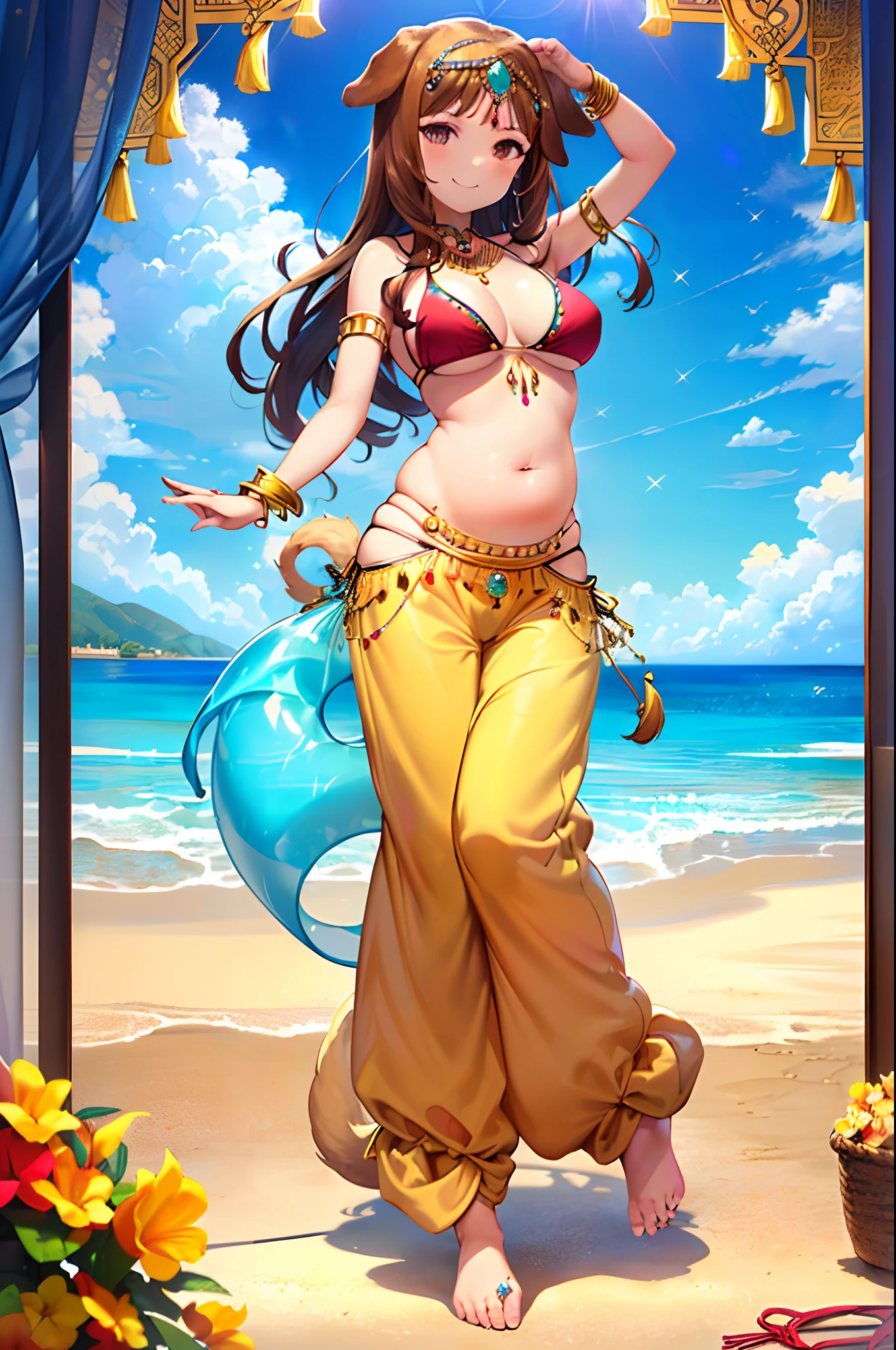 (((dog girl))), (((smile))), (((full body))), (((standing pose))), (((bikini top))), (((jewelry))), ((((long and baggy Belly Dance Harem Pants)))), (((bare feet))), (((fully detailed)))