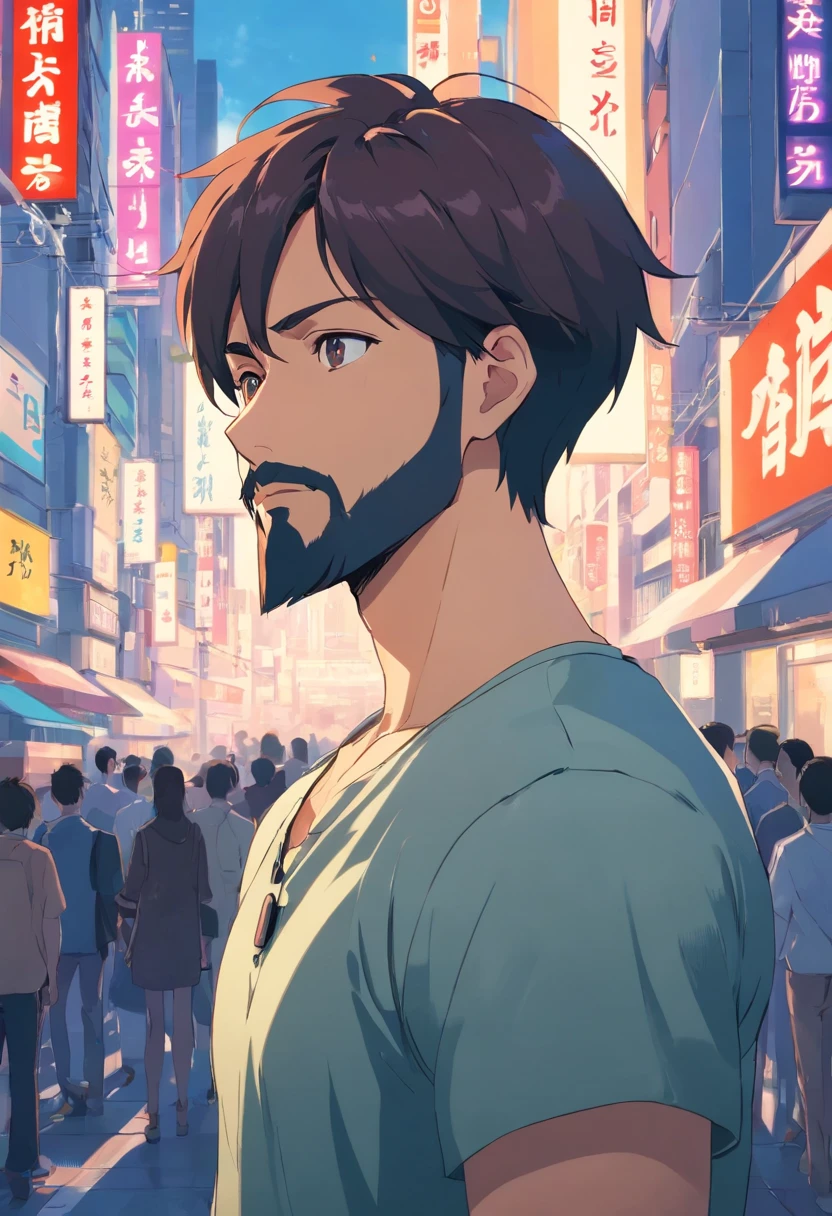 Groomed beard,40-year-old dandy man,profile,Composition of the upper body,Makoto Shinkai's painting style,japanes,Ridicule,A tall man,a beard, Delicate facial features like an actor,Short-haired true black hair, Wearing a purple Y-shirt, Intense muscles, eyes are brown, The city of Shinjuku