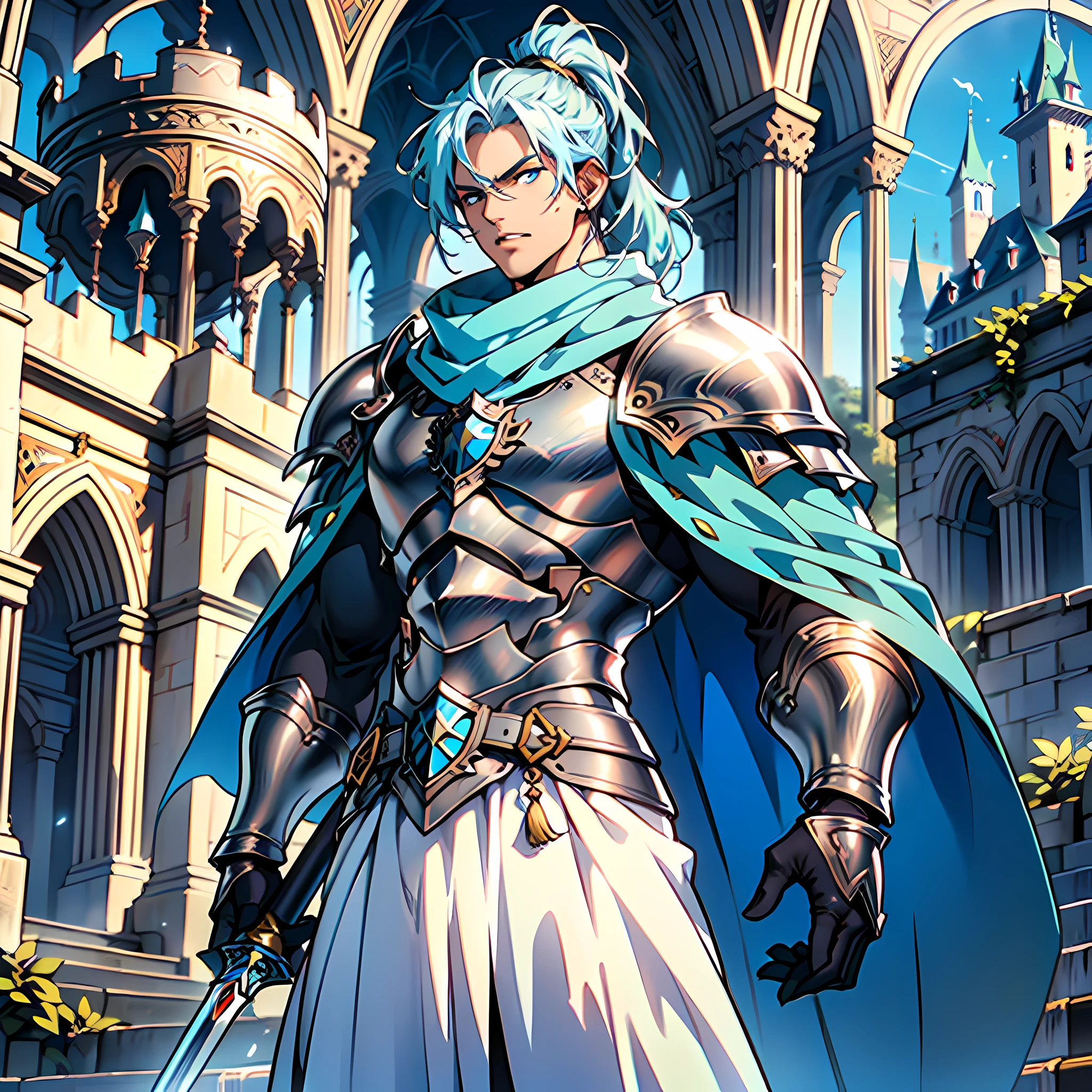 ((Anime art, man with a good physique, mature man)) ((Best quality, masterpiece, best resolution, breathtaking scenery, 4k quality, full HD sharp image, high clarity)), (( a character, standing, alone in the scene, facing the viewer)), (noble blue knight's clothing, knight's boots, cape with white scarf with cyan details), (sky blue eyes, light blue hair , hair in a ponytail, serious look, pale skin, well-shaped lips), ((staircase of a castle, holding a silver spear, noble hall of a castle))