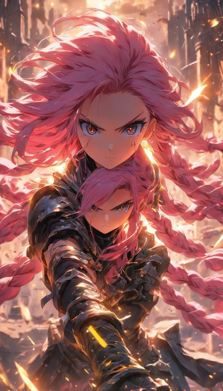 1 Girl Slim Small Long Pink Hair, Black and yellow armor wears a two-handed sword, Fight monsters in a ruin, UHD, masterpiece, anatomically correct, high quality, high details, highres, best quality, 8k
