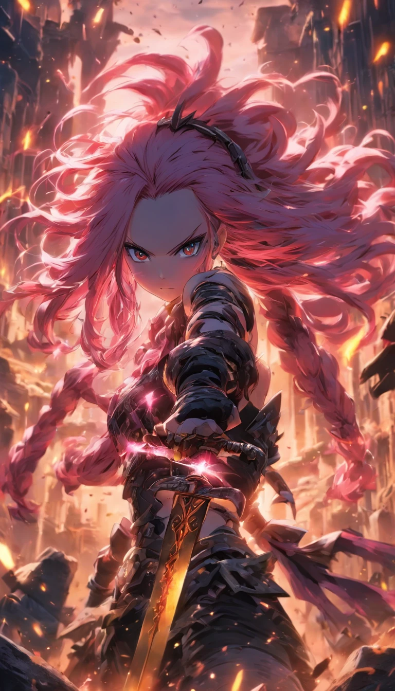 1 Girl Slim Small Long Pink Hair, Black and yellow armor wears a two-handed sword, Fight monsters in a ruin, UHD, masterpiece, anatomically correct, high quality, high details, highres, best quality, 8k