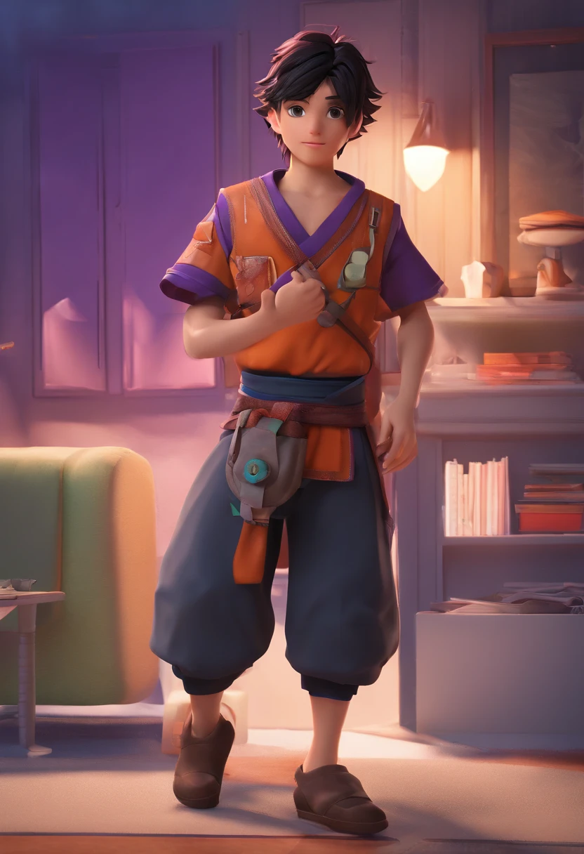Din is a 13-year-old boy with fair skin and delicate features. He is very handsome with spiky brown hair and a purple gi, He is wearing pants that match the GI and is looking at a magical artifact that is a small bright purple ball floating in his hands. Ele fica ali observando seu brilho que se espalha por toda a imagem em estilo anime detalhado.