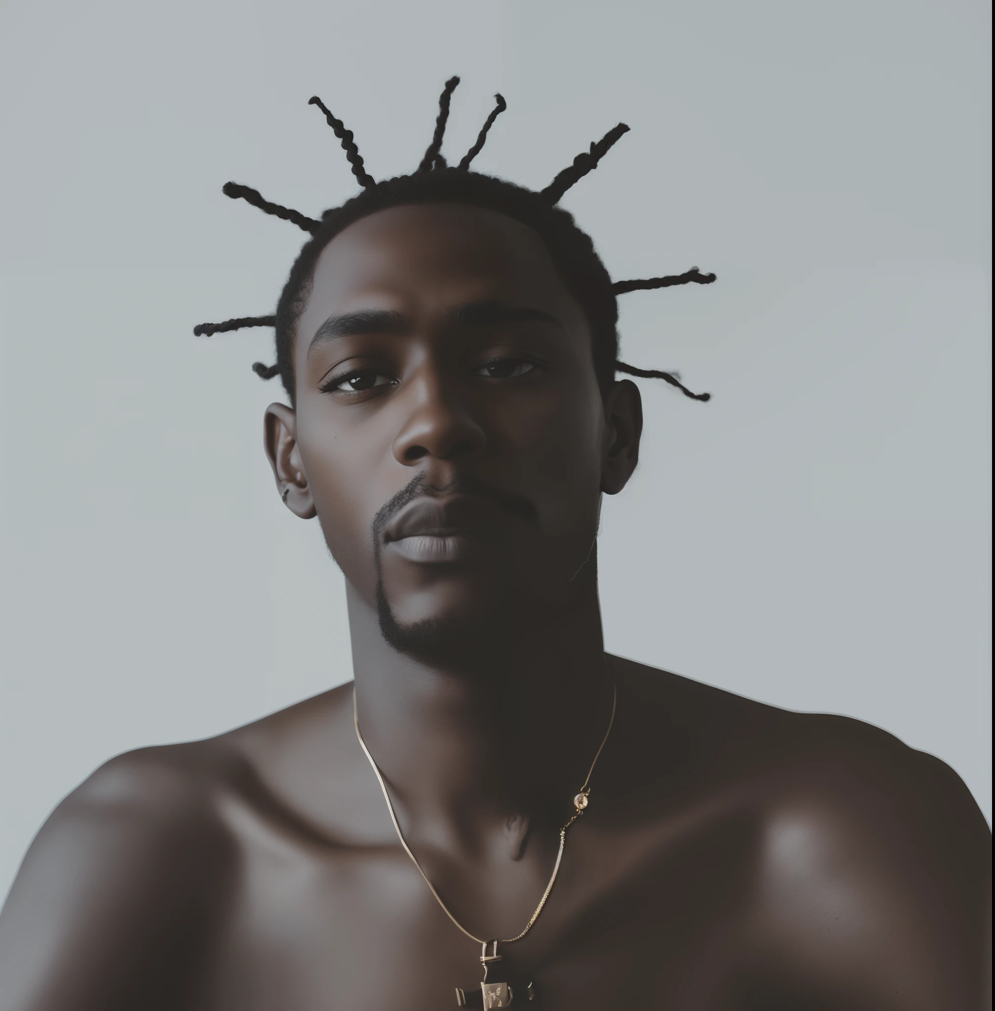 Homme arafed avec des dreads et un collier sur le cou, Playboi Livres de portraits, A black man with long curly hair, Livres Playboi, The man has black skin, Portrait pris 8 K, Grand portrait, inspired by Terrell James, east african man with curly hair, Editorial portrait, Ashy, taken in the early 2020s