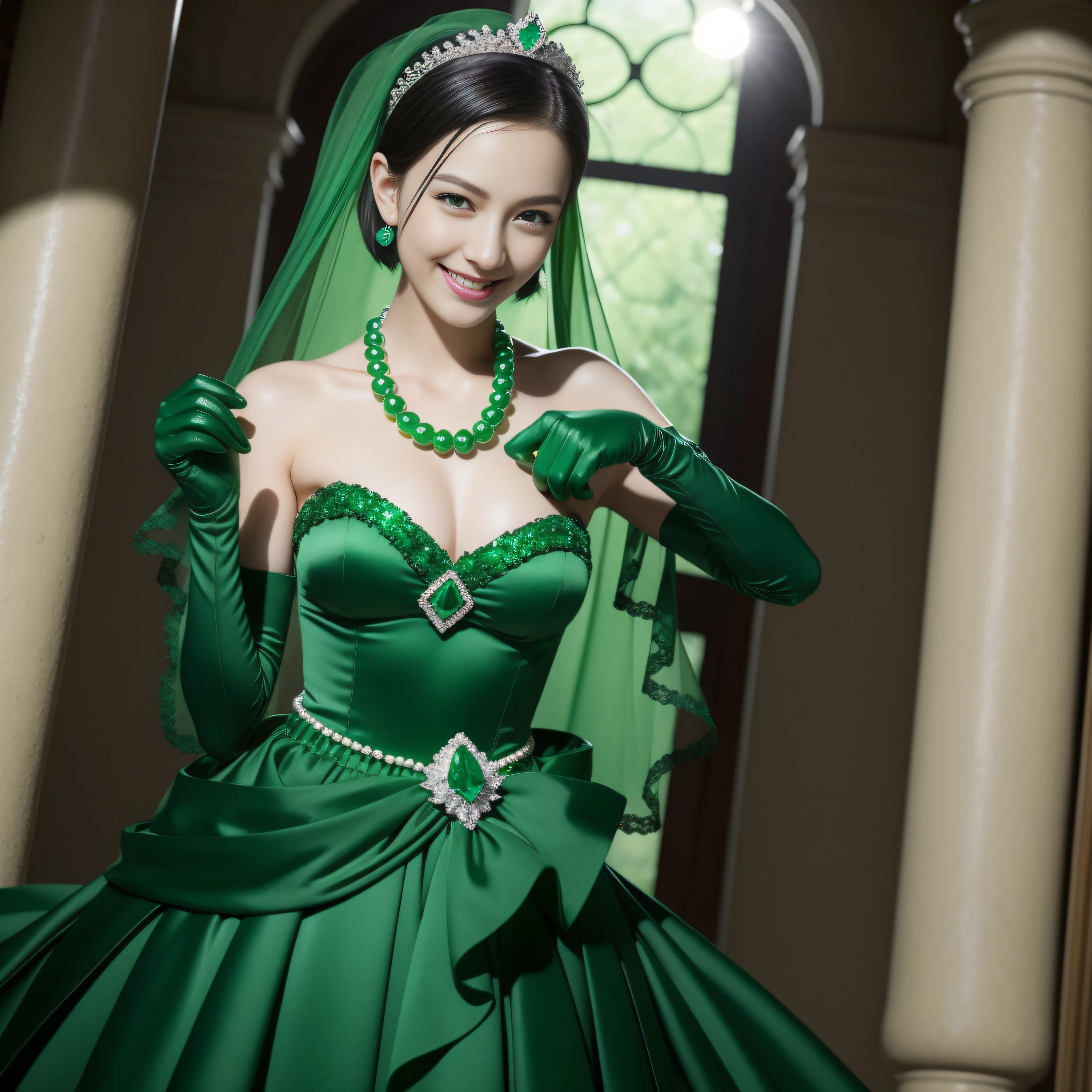 emerald tiara, Green Pearl Necklace, Boyish very short black hair, lipsticks, Japan woman smiling, very very short green hair, big breasts beautiful, Green eyes, Long green gloves made of satin material, Green eyes