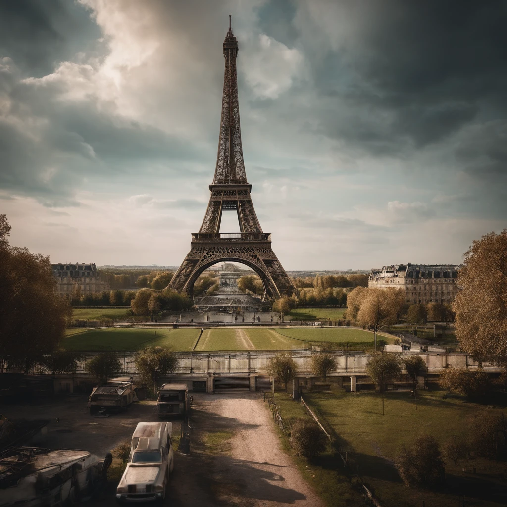 eiffel tower in a post apocalyptic scene, hyper detailed, color coded, aerial view —ar 9:16 —q 5